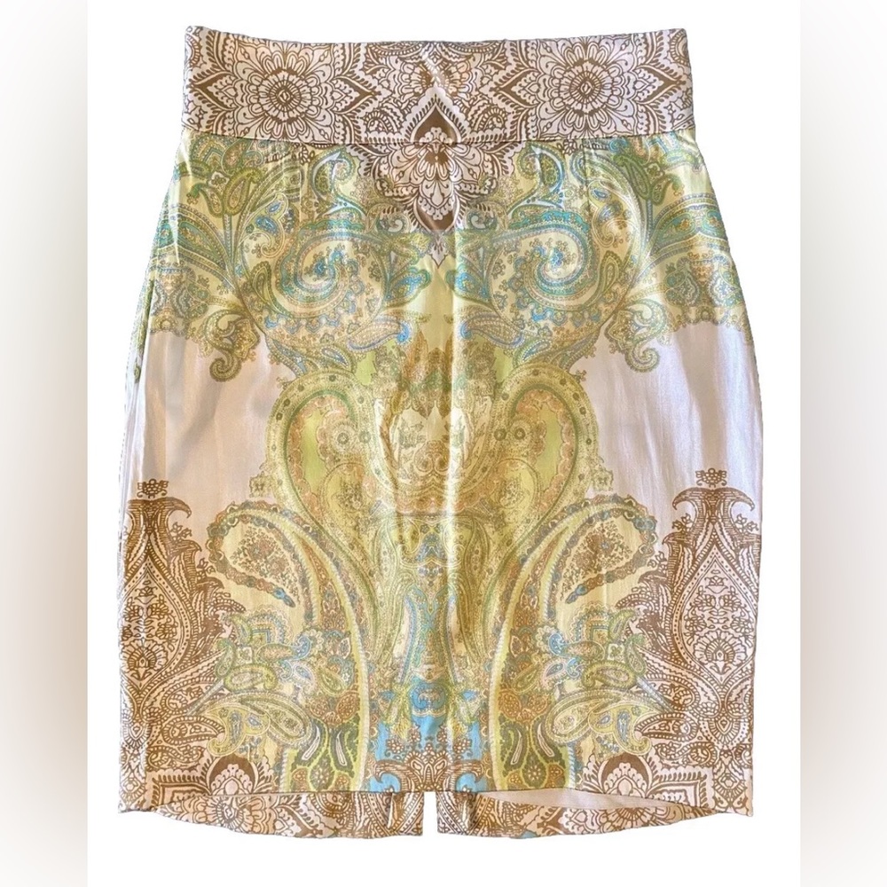ANTONIO MELANI size 6 paisley pencil skirt, lined zip back, green blue white